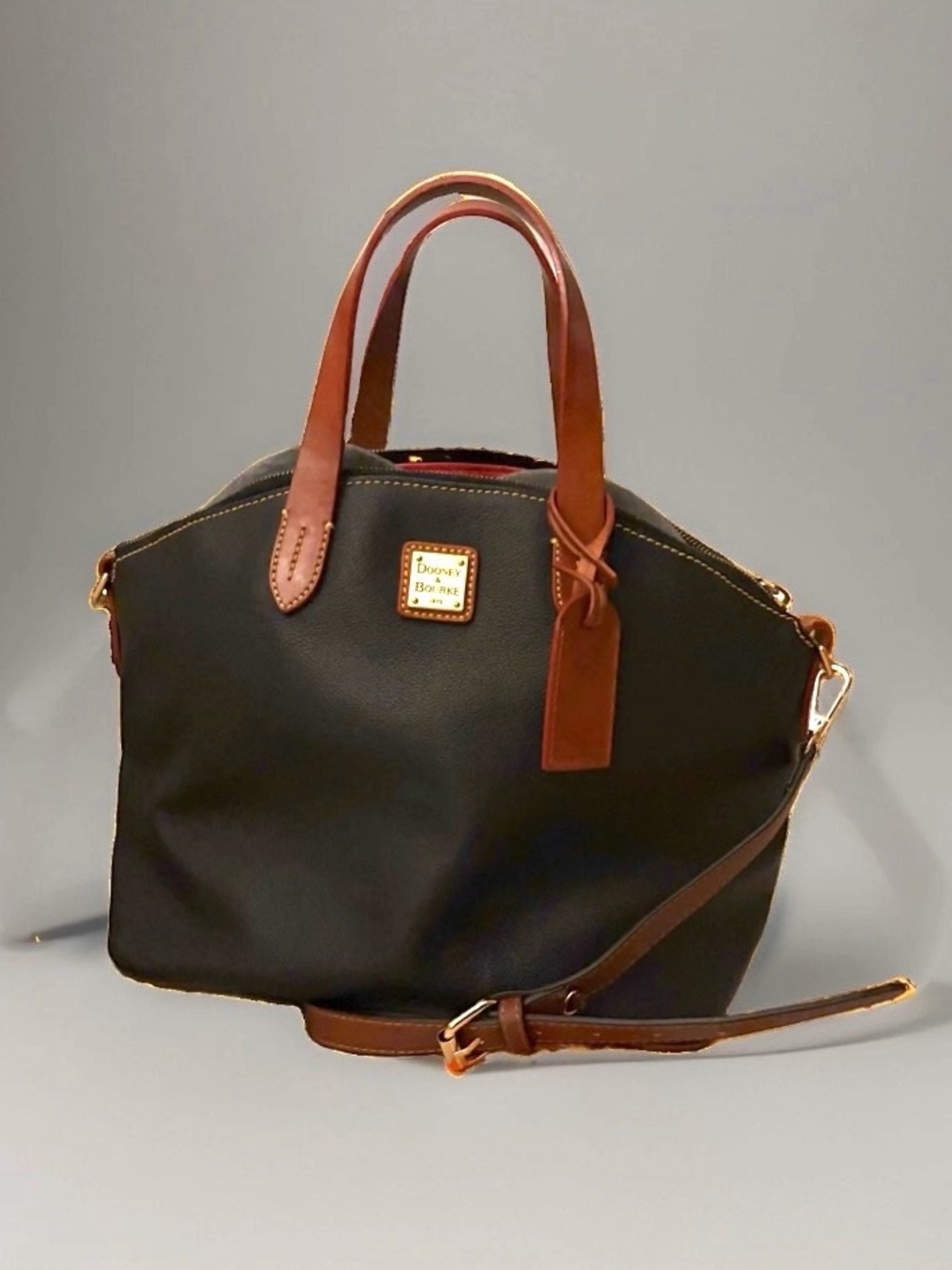 Dooney & Bourke~ Pebble Grain Black Leather Brown Trim Domed Satchel Bag